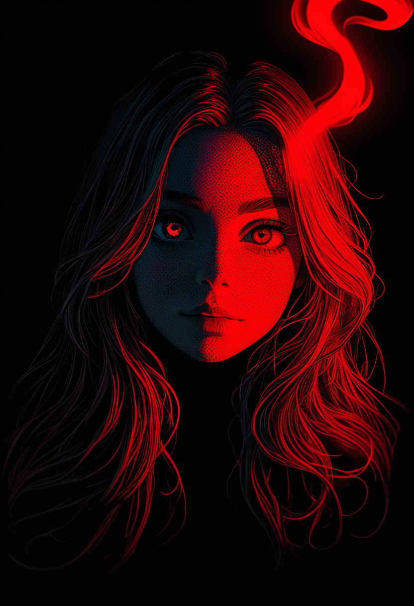 monoprone, , 43stl1ght1ng, 1girl, long hair, 43stl1ght1ng, low light, dramatic lighting, darkness, eye lighting, smoke, red light, Pointillism Art, detailed lines, vibrant colors, playful details, whimsical feel