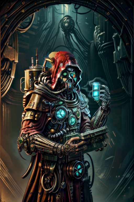 ((masterpiece,best quality)), absurdres, BREAK
mechanical arms, robes, hood, BREAK
((techpriest)), cyborg, mechanical face, mechanical limbs, gas mask, mechanical tentacles, (mechanical backpack), green cloak, BREAK
1other, solo, holding skull, BREAK
(CircuitBoardAI),