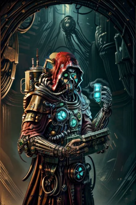 ((masterpiece,best quality)), absurdres, BREAK
mechanical arms, robes, hood, BREAK
((techpriest)), cyborg, mechanical face, mechanical limbs, gas mask, mechanical tentacles, (mechanical backpack), green cloak, BREAK
1other, solo, holding skull, BREAK
(CircuitBoardAI),