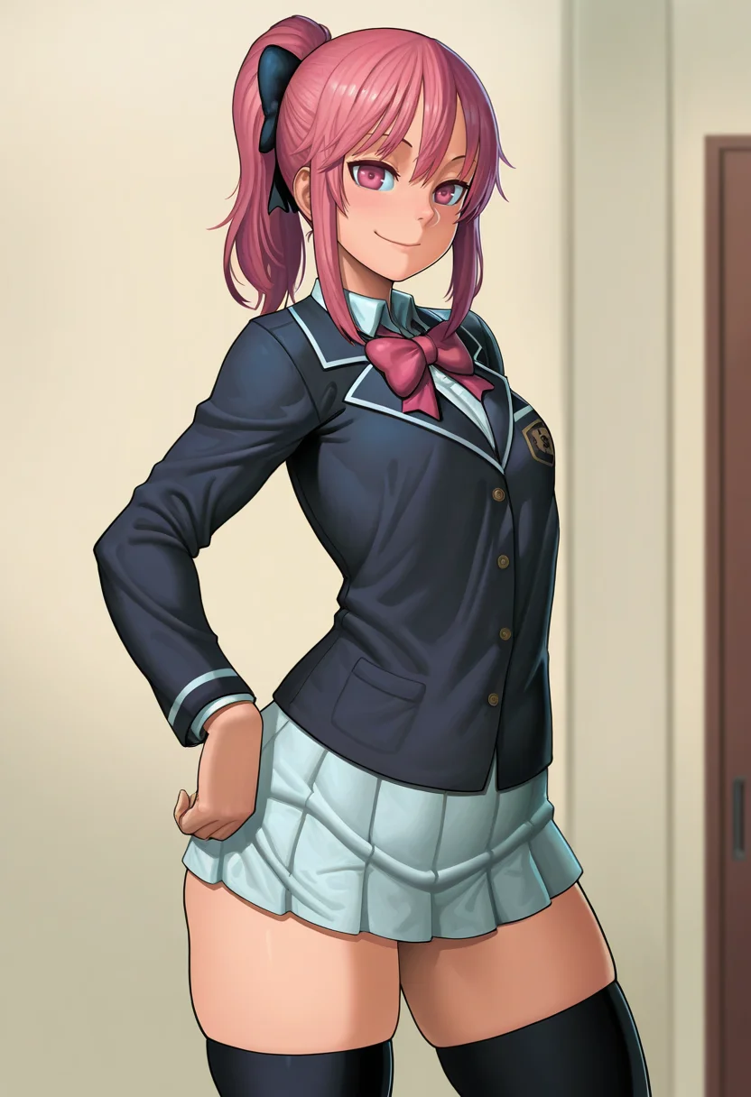 masterpiece, best quality,
<lora:Lasterk:1> L4st3rk, 1girl, solo,standing,looking at viewer, happy, closed mouth,pink hair, ponytail, pink eyes,school uniform, bow, long sleeves, skirt, skindentation, thighhighs,