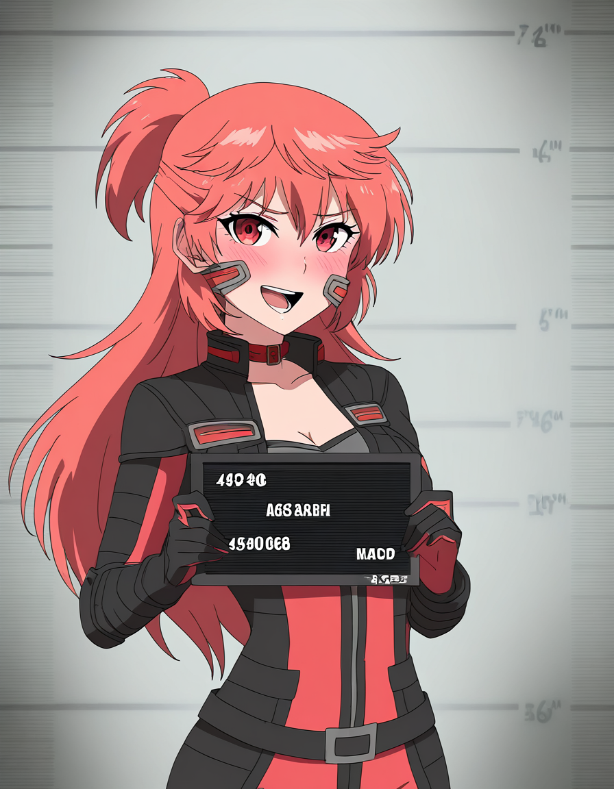masterpiece, best quality, newest, absurdres, highres, safe,, <lora:aoi-hidaka-s1-illustriousxl-lora-nochekaiser:1>, aoi hidaka, long hair, pink hair, red hair, red eyes, ponytail, short ponytail,, bodysuit, black bodysuit, red bodysuit, cleavage,, nature, trees, animals, landscape, open, , barbie mugshot (meme) height mark, holding sign, nameplate, height chart, sign, meme, smile, open mouth, teeth, blush, cowboy shot, looking at viewer, solo,, cowboy shot