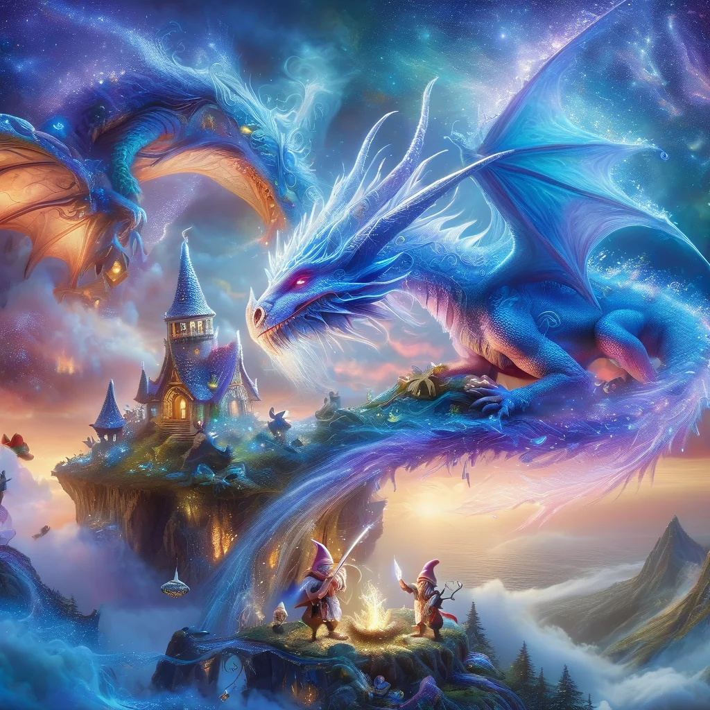 (best quality)++, (masterpiece)++, (detailed)+, elf on the shelf fighting a Dragon, (fantasy illustration)1.3, enchanting Dragon, elf on the shelf, mystical design, (many gnomes)1.4 (whimsical charm).4 Otherworldly charm, mystical sky, (Luis Royo)1.2, (Yoshitaka Amano)1.1, moonlit night, soft colors, (detailed cloudscape)1.3, (high-resolution)1.2 (gnomes everywhere)1.2 , <lora:DonM3t3rn1tyXL-v1.1:0.8> DonM3t3rn1tyXL <lora:DonMD1g174l4sc3nc10nXL:0.8> DonMD1g174l4sc3nc10nXL <lora:Dragons:0.8> dragon <lora:EnvyMagicalXL01:0.8> magical <lora:FantasyLandscape:0.8> FanLan