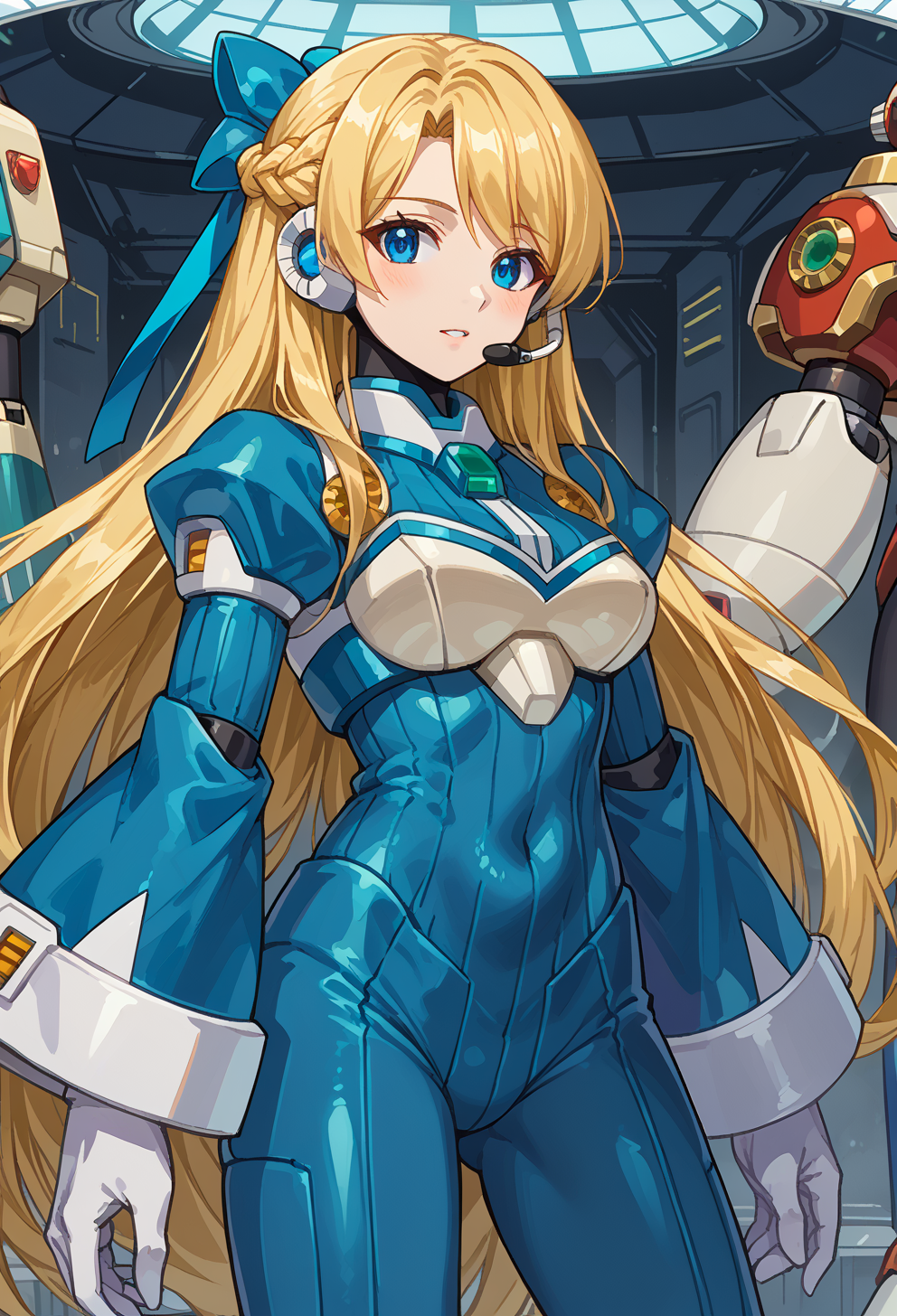 score_9, score_7_up, source_anime, (solo:1.2), BREAK  <lora:Reploid_v2.0:1> megamanreploid, android, gloves, white gloves, armor, bodysuit, robot ears, headset, <lora:mxmarina:1> mxmarina, french braid, half updo, blue Hair ribbon, bodysuit, ribbed bodysuit, blue sleeves, wide sleeves, very long blonde hair,