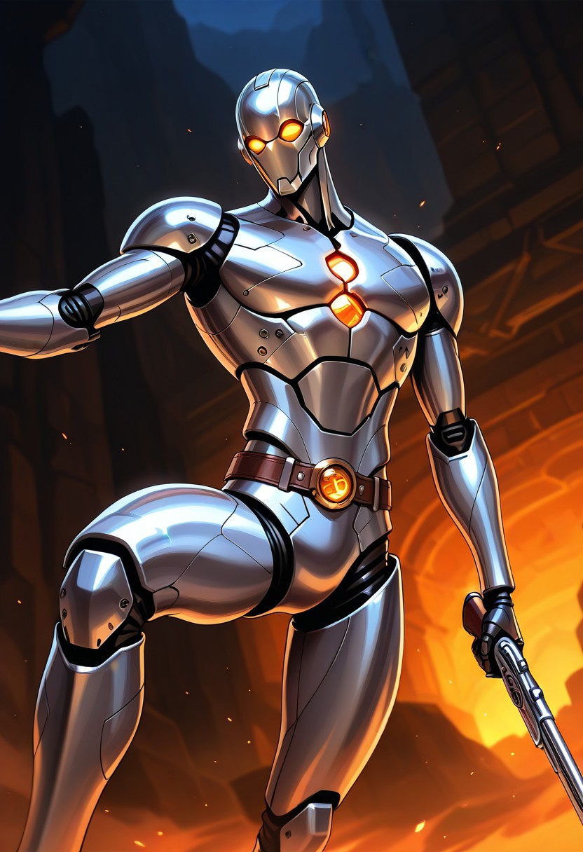 art by Dominik Bayer, 
robot, triangle face, male robot, solo, steampunk robot, slender robot, leather belt, no waist, exposed vertebral column, thin torso,
dynamic pose, knee up view, focus on dark face, standing tall, round eyes, orange eyes, (pearlescent body:1.4), silver body, colored body, metalic body, holding musket, dungeons and dragons art style, dynamic angle, 
masterpiece, best quality, amazing quality, intricate detail, highly detailed, absurdres,