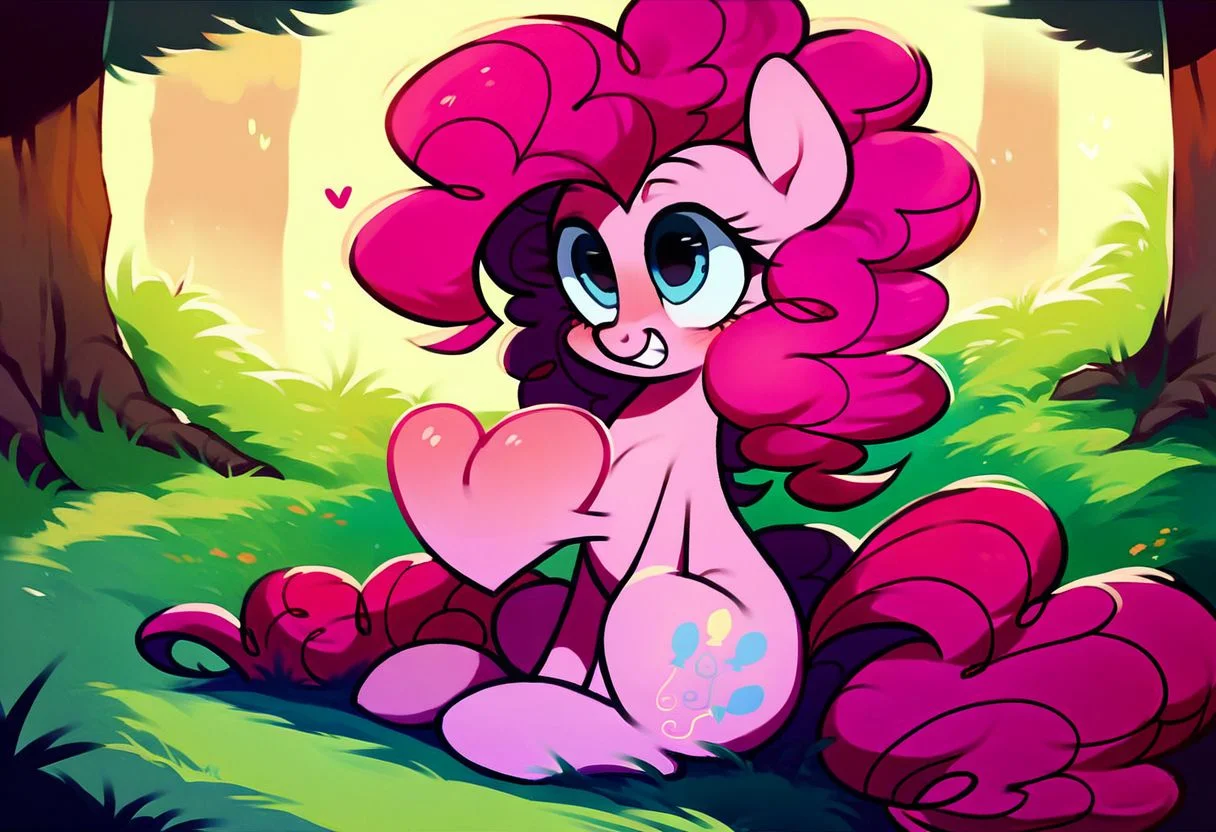 score_9,score_8_up,score_7_up,score_6_up,score_5_up,score_4_up, Heart out of chest, 1girl, solo, no humans, pony, pinkie pie, curly hair, pink hair, blue eyes, sitting, smile, outdoors, grass