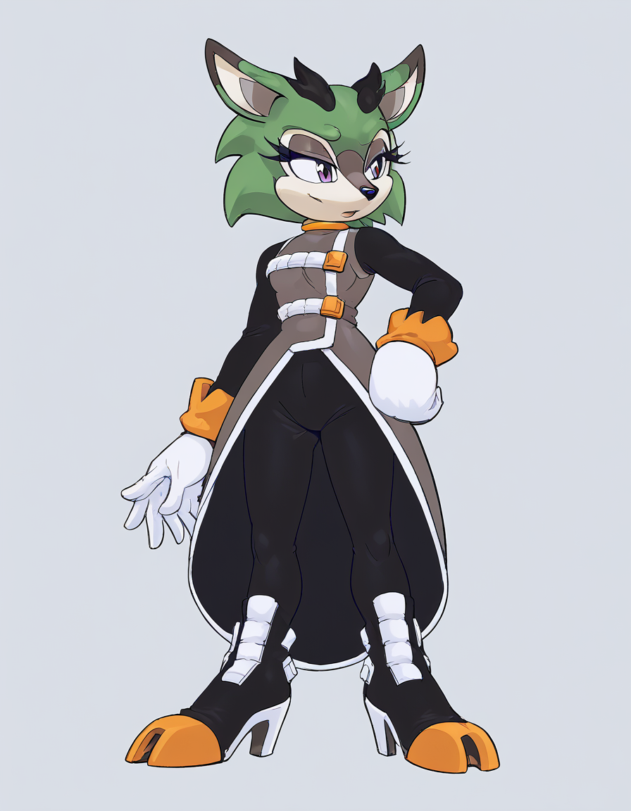 score 9, score 8 up, score 7 up, score 6 up, score 5 up, score 4 up, source_furry,colored, highly detailed, countershading,  <lora:Smooth Style 2 SDXL_LoRA_Pony Diffusion V6 XL:1>, <lora:Clove_the_Pronghorn_XL:1>, Clove the Pronghorn, Clove the Pronghorn, green hair, green fur, high heel boots, purple eyes, white gloves, short hair, black pants, eyelashes, long sleeves, eyeshadow, pronghorn girl, sleeveless dress,