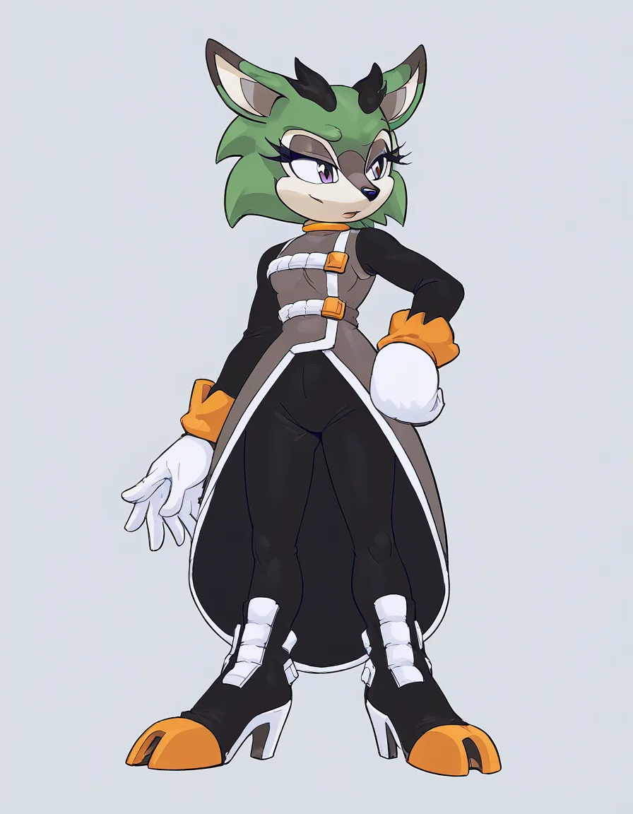 score 9, score 8 up, score 7 up, score 6 up, score 5 up, score 4 up, source_furry,colored, highly detailed, countershading,  <lora:Smooth Style 2 SDXL_LoRA_Pony Diffusion V6 XL:1>, <lora:Clove_the_Pronghorn_XL:1>, Clove the Pronghorn, Clove the Pronghorn, green hair, green fur, high heel boots, purple eyes, white gloves, short hair, black pants, eyelashes, long sleeves, eyeshadow, pronghorn girl, sleeveless dress,