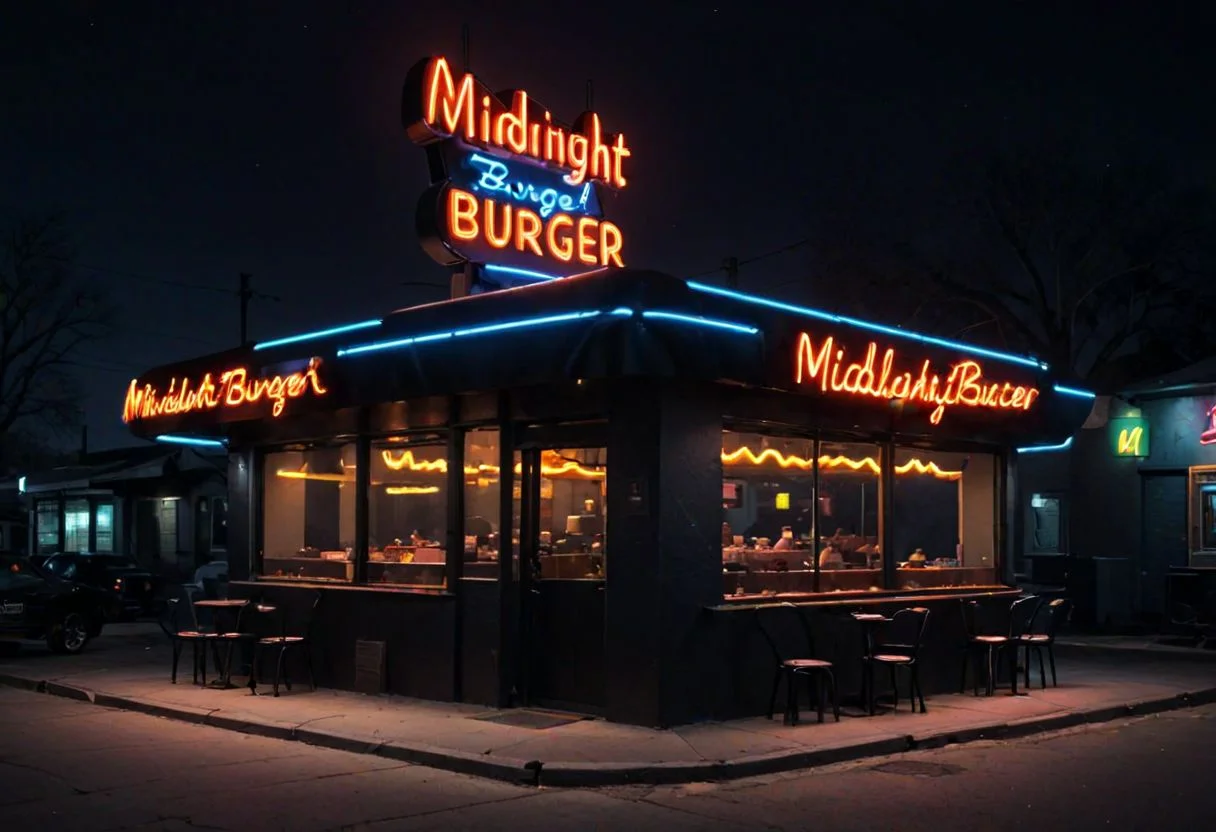 *Channel_42* *Neon*
*Food* *Drinks* *Chairs*
*Outdoors* *dine*
neon sign "midnight_burger"