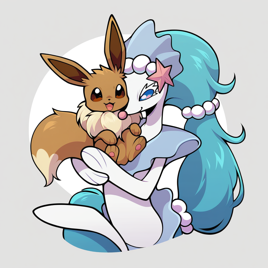 <lora:PDXLPrimarinaConcept:1> rating_safe, primarina holding up eevee, primarina proudly holding up an extremely happy eevee, duo, size difference, holding  up, carrying another
BREAK
primarina, blue hair, white body, flippers
BREAK
Eevee, brown fur, feral, quadruped, zPDXL2