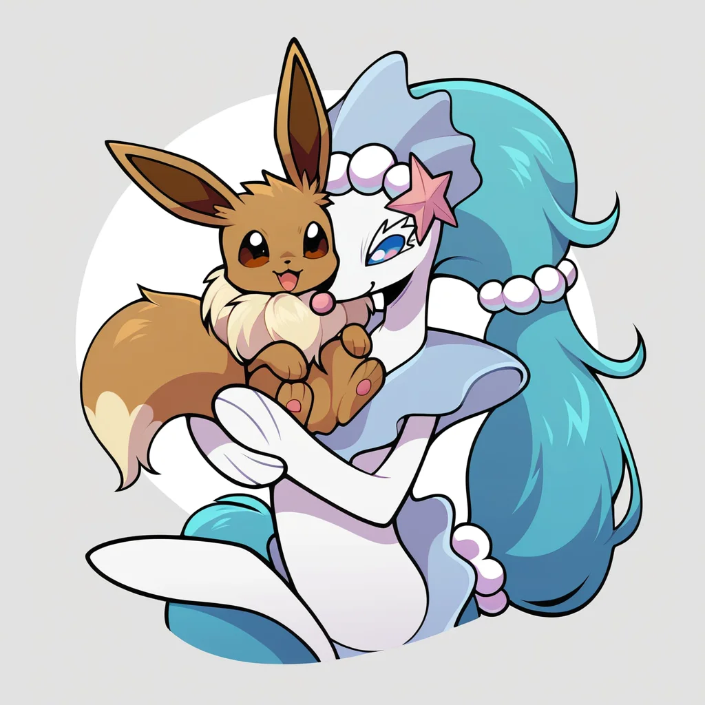 <lora:PDXLPrimarinaConcept:1> rating_safe, primarina holding up eevee, primarina proudly holding up an extremely happy eevee, duo, size difference, holding up, carrying another
BREAK
primarina, blue hair, white body, flippers
BREAK
Eevee, brown fur, feral, quadruped, zPDXL2