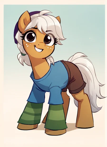 score_9, score_8_up, score_7_up, <lora:bs_gus:1>1girl, bsgus ,green sleeves , aged down, blue shirt ,brown shorts , white hair ,Striped sleeves ,purple headwear , looking at viewer, <lora:SyrupyyyArt:1>syrupyyy (, pony , horse girl, pony female:1.1) all fours, smile , looking at viewer,