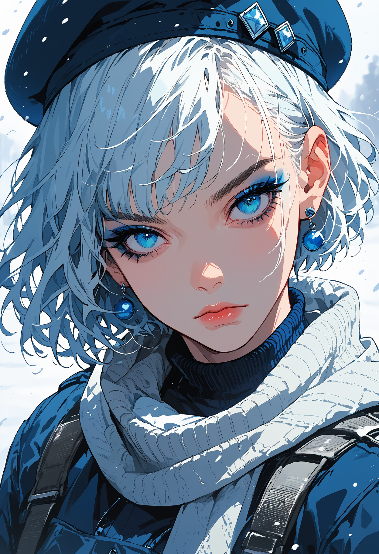 score_9, score_8_up, score_7_up,source_anime,1girl,solo,white hair,short hair,choppy hair,disheveled hair,swept bangs,blue marine eyes,perfecteyes,eyebrows,hair behind ear,little blue eyeshadow,little blue eyeliner,earrings,diamond earrings,blue earrings,high neck sweater,dark blue sweater,white scarf,scarf around neck,,beret,belt,fir trim coat,looking at viewer,headtilt,snow storm,snowing,snow,siozick,flat colors,closed mouth