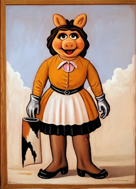 <lora:pirosmani_pony_v1:1>  '  miss piggy ' by pirosmani niko in 1899, naïve art \(primitivism\) \(style\),painting \(medium\), genre painting \(genre\)    <lora:Miss_Piggy_Pony:1> uncensored, gloves,, score_9, score_6_up, score_7_up