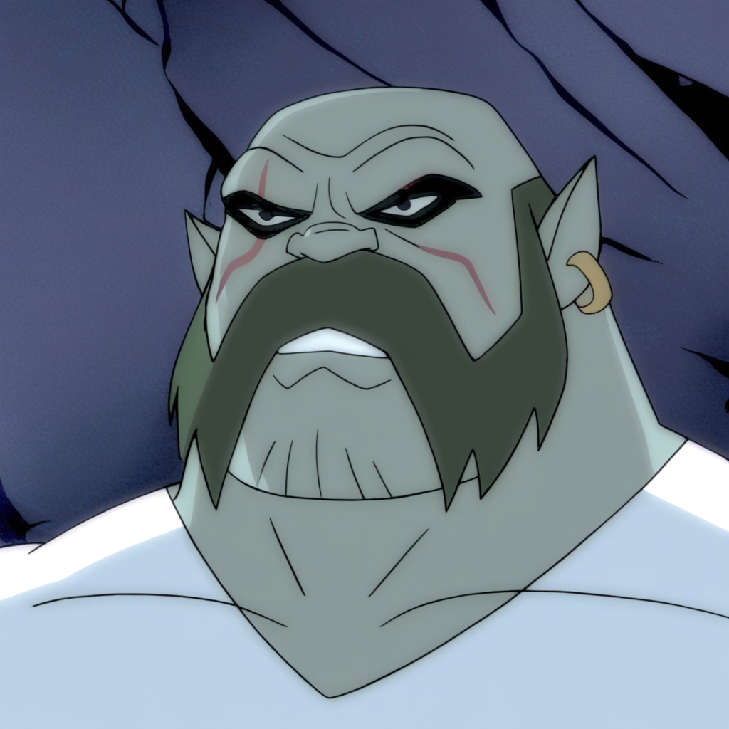 kwarrel, male, facial hair, pointy ears, earring on right ear, colored skin, bald, white shirt, black eyes, scar across eye, pants, muscular, large physique, moustache and sideburns,