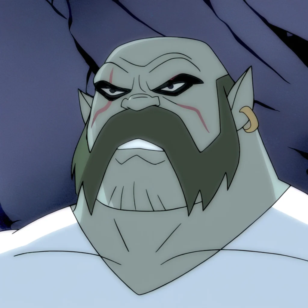 kwarrel, male, facial hair, pointy ears, earring on right ear, colored skin, bald, white shirt, black eyes, scar across eye, pants, muscular, large physique, moustache and sideburns,