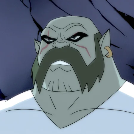 kwarrel, male, facial hair, pointy ears, earring on right ear, colored skin, bald, white shirt, black eyes, scar across eye, pants, muscular, large physique, moustache and sideburns,