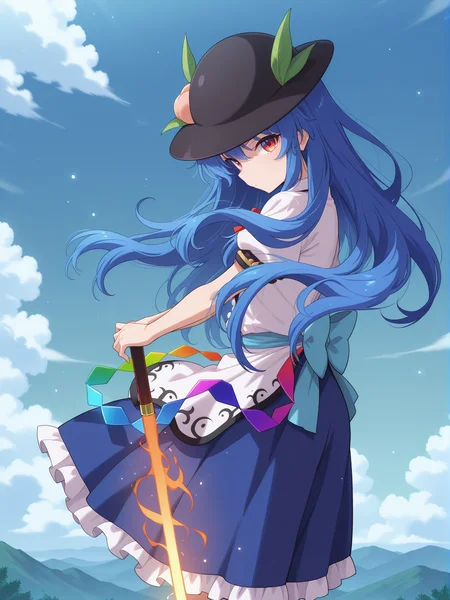 absurdres, highres, masterpiece, best quality, amazing quality, official anime artwork, screencap, anime screencap, outdoors, dynamic pose, looking at viewer, 
<lora:Tenshi-Hinanawi_Illustrious:1> hinanawi tenshi, 1girl, solo, red eyes, blue hair, long hair, hat, peach hat oranement, red bowtie, white shirt, short sleeves, apron, petticoat, blue skirt, holding, sword of hisou, kaname-ishi , 
light particles, sky, floating hair, rocks, from the side, cloud,