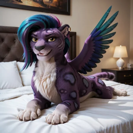 score_9, score_8_up, score_7_up, score_6_up, score_5_up, score_4_up, masterpiece, high quality, realistic, detailed, best quality, white bed, solo, rating_safe, source_furry, bedroom, smiling, seductive, looking at viewer, on bed, lying on belly, allura_mlpg5, snow leopard, purple fur, purple hair, paws, chest fluff, wings, tail, female, 1girl, yellow eyes, helix piercing, feral