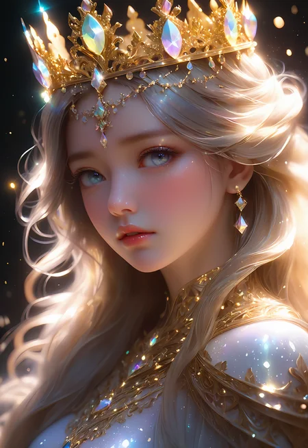 masterpiece, best quality, 1girl, half body, sad princess, fantasy, ((painting by wlop)) from artstation, glitter jewelry, glare, Iridescent, Global illumination, real hair movement, realistic light, realistic shadow, sideways glance, ((foreshortening)), soft light, dream light, perfect eyes, background 4k, romantic, high detail, crowns, gold and gems