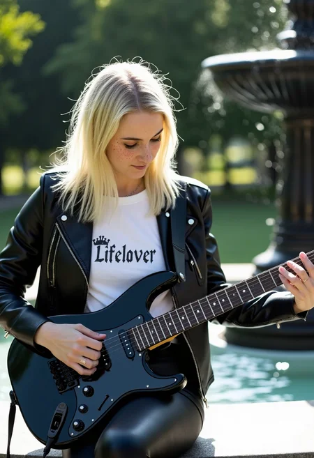 college woman with freckles is sitting outside on the ledge of a fountain in a park playing black electric guitar warlock form factor connected with a wire, bright lighting casts lens flares, she has shoulder-length blond straight hair and is wearing a black leather jacket, revealing a plain white t-shirt with logo of "Lifelover" band, pvc black tight leggings. candid photo, sharp background, hazy daytime fog in summer