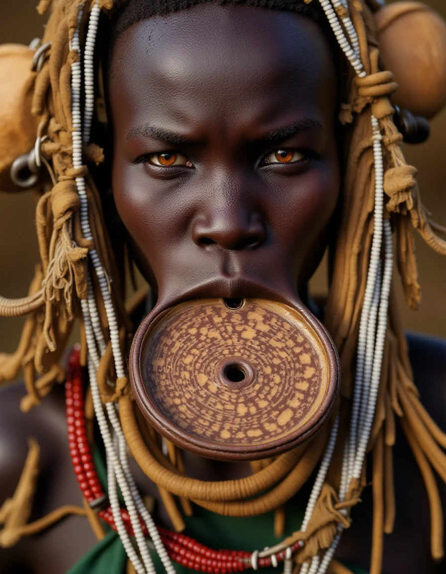 a Murs1 woman, showcasing her distinct facial features and traditional adornments. Her skin is a rich, deep brown, with high, prominent cheekbones and a broad, flat nose, emphasizing her striking natural beauty. Her piercing gaze exudes strength and wisdom, a reflection of her cultural resilience. Her ears are adorned with intricately designed wooden or clay plugs, extending her earlobes in traditional style. Around her neck are multiple layers of carefully hand-strung, colorful beaded necklaces, each bead telling a story of heritage and identity. Her hair is styled in short, tight braids coated with organic mud and natural pigments in earthy ochre tones. The iconic large ceramic lip plate (dhebi a tugoin) accentuates her appearance, decorated with fine hand-painted patterns symbolizing Murs1 artistry. Every detail, from her facial features to her traditional jewelry, is rendered in highly realistic textures and vibrant detail, capturing the essence of her identity within the cultural context.
<lora:mursi:1>
<lora:ARob-FLUX-3-CivitAI:1> ARob, cyborg, robot, beautiful light set up, dynamic range lighting, RAW candid cinema, 16mm, color graded portra 400 film, remarkable color, ultra realistic, textured skin, remarkable detailed pupils, realistic dull skin noise, visible skin detail, skin fuzz, dry skin, shot with cinematic camera