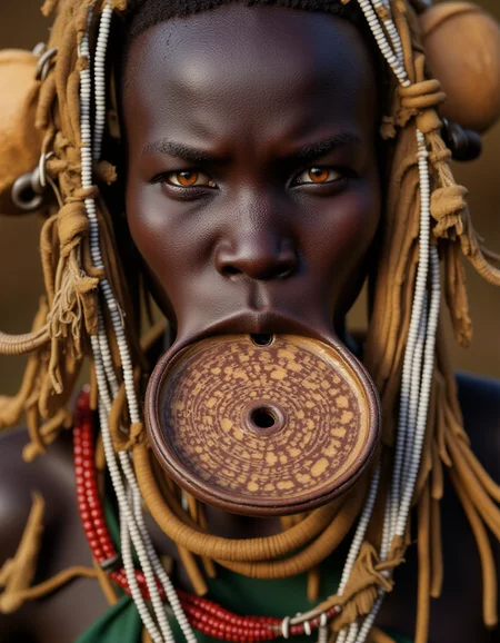 a Murs1 woman, showcasing her distinct facial features and traditional adornments. Her skin is a rich, deep brown, with high, prominent cheekbones and a broad, flat nose, emphasizing her striking natural beauty. Her piercing gaze exudes strength and wisdom, a reflection of her cultural resilience. Her ears are adorned with intricately designed wooden or clay plugs, extending her earlobes in traditional style. Around her neck are multiple layers of carefully hand-strung, colorful beaded necklaces, each bead telling a story of heritage and identity. Her hair is styled in short, tight braids coated with organic mud and natural pigments in earthy ochre tones. The iconic large ceramic lip plate (dhebi a tugoin) accentuates her appearance, decorated with fine hand-painted patterns symbolizing Murs1 artistry. Every detail, from her facial features to her traditional jewelry, is rendered in highly realistic textures and vibrant detail, capturing the essence of her identity within the cultural context.
<lora:mursi:1>
<lora:ARob-FLUX-3-CivitAI:1> ARob, cyborg, robot, beautiful light set up, dynamic range lighting, RAW candid cinema, 16mm, color graded portra 400 film, remarkable color, ultra realistic, textured skin, remarkable detailed pupils, realistic dull skin noise, visible skin detail, skin fuzz, dry skin, shot with cinematic camera