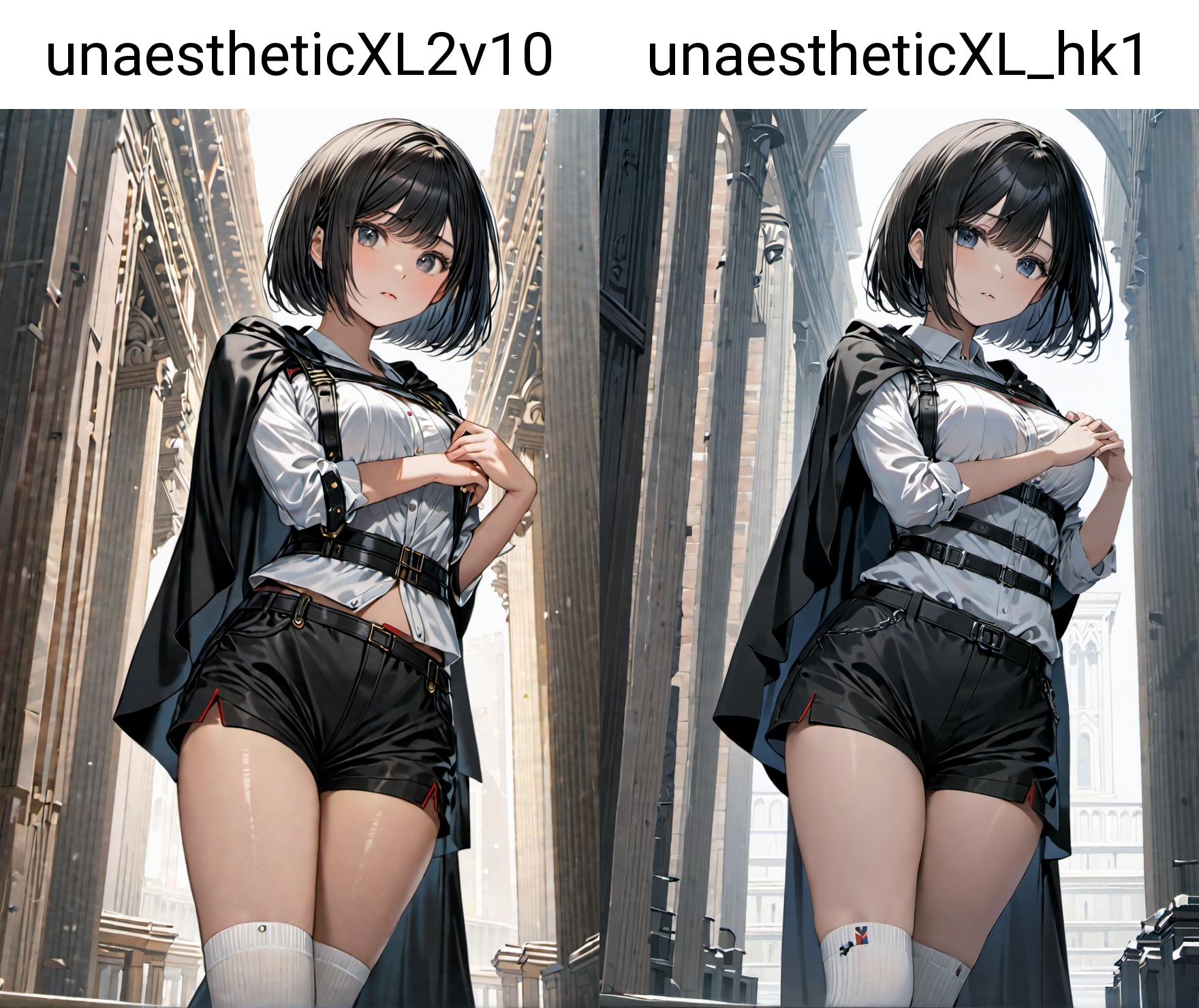 1girl,black short bob hair, black cloak de cour, black shorts, white long socks, white shirt, chest harness,, masterpiece, best quality