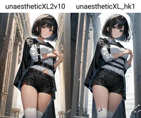 1girl,black short bob hair, black cloak de cour, black shorts, white long socks, white shirt, chest harness,, masterpiece, best quality