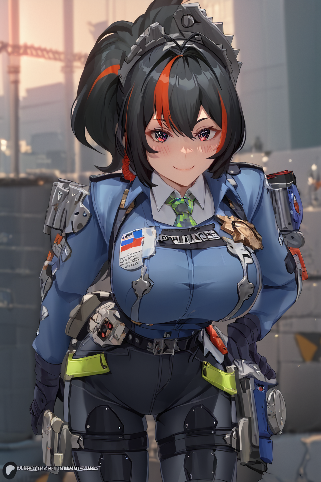 score_9, score_8_up, score_7_up,score_6_up,
(masterpiece, best quality, ultra detailed), (perfect face, detailed face),
BREAK
1girl, Zhu Yuan, black hair, multicolored hair, gloves, police hat,large breasts, wide hips, huge ass, shiny skin, shiny clothes, 
leaning forward, smile, blush, 
enma \(enmanuelart\), enmanuelart
 <lora:Zhu_Yuan_ZZZ:1> <lora:enmanuelart:1>