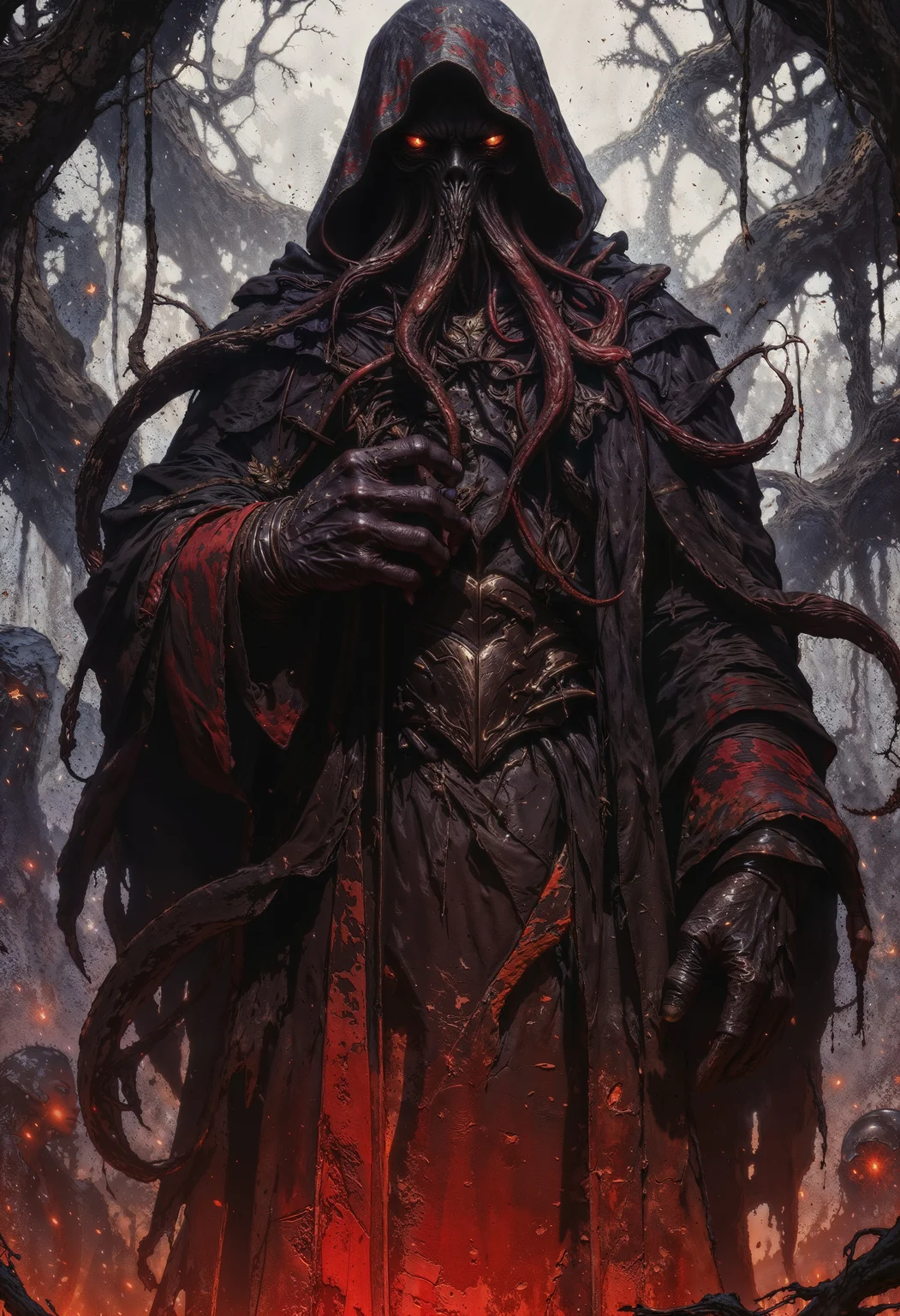 a digital illustration in a dark, fantasy art style, depicting a terrifying and enigmatic figure known as a Cthulhu-like creature. The central subject is a tall, imposing figure cloaked in a hooded, tattered robe that appears to be made of dark, almost black fabric with intricate red patterns. The hood casts a shadow over its face, making it difficult to discern specific facial features, but several long, tentacle-like appendages extend from the hood and are adorned with glowing red eyes, adding an eerie, otherworldly aura.
The creature's body is covered in dark, scaly skin, and its hands are large, clawed, and menacing. The background is a misty, shadowy environment with several smaller, shadowy figures, also with glowing red eyes, creating a sense of a cult or group of followers. The overall color palette is dark, dominated by shades of black, red, and gray, enhancing the ominous and foreboding atmosphere. The texture of the creature's skin and the fabric of its robe appears rough and detailed, adding to the realism and horror of the scene. The image evokes a sense of dread and mystery, characteristic of the works inspired by H.P. Lovecraft's horror fiction. <lora:FluxMythG0thicL1nes:0.6> <lora:FluxMythR3alisticF:0.5> <lora:RetroAnimeFluxV1:0.6> <lora:OB半写实肖像画V2.0:0.6>