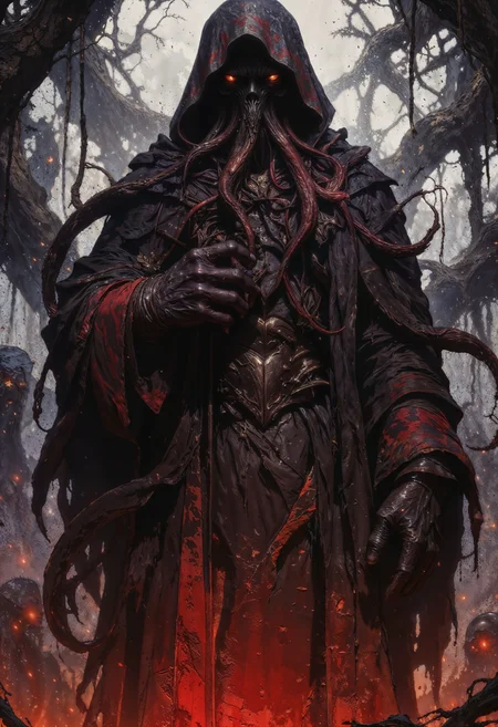 a digital illustration in a dark, fantasy art style, depicting a terrifying and enigmatic figure known as a Cthulhu-like creature. The central subject is a tall, imposing figure cloaked in a hooded, tattered robe that appears to be made of dark, almost black fabric with intricate red patterns. The hood casts a shadow over its face, making it difficult to discern specific facial features, but several long, tentacle-like appendages extend from the hood and are adorned with glowing red eyes, adding an eerie, otherworldly aura.
The creature's body is covered in dark, scaly skin, and its hands are large, clawed, and menacing. The background is a misty, shadowy environment with several smaller, shadowy figures, also with glowing red eyes, creating a sense of a cult or group of followers. The overall color palette is dark, dominated by shades of black, red, and gray, enhancing the ominous and foreboding atmosphere. The texture of the creature's skin and the fabric of its robe appears rough and detailed, adding to the realism and horror of the scene. The image evokes a sense of dread and mystery, characteristic of the works inspired by H.P. Lovecraft's horror fiction. <lora:FluxMythG0thicL1nes:0.6> <lora:FluxMythR3alisticF:0.5> <lora:RetroAnimeFluxV1:0.6> <lora:OB半写实肖像画V2.0:0.6>