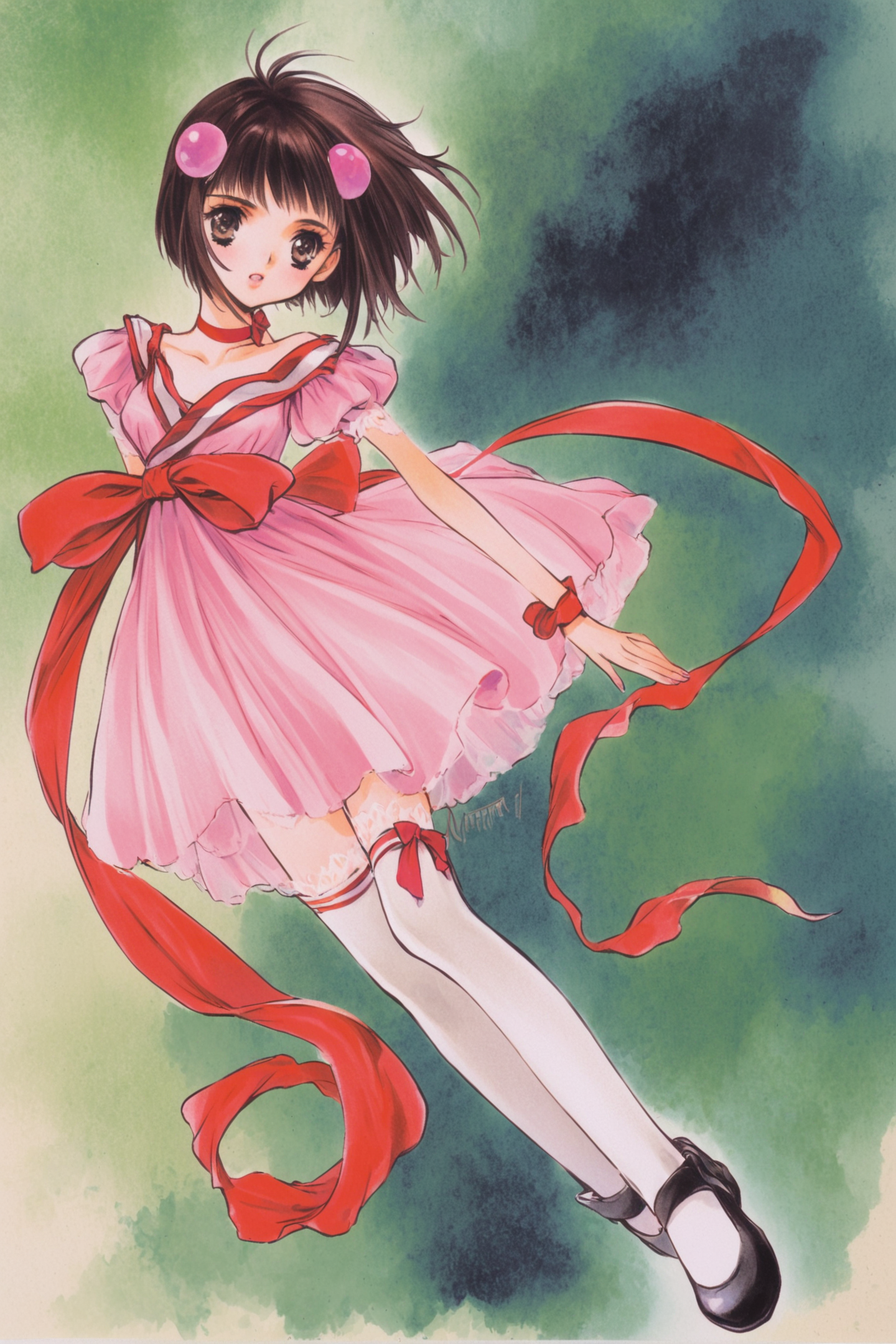 Reala(Tales of Destiny 2),1girl,solo,short hair,red choker,very short hair,thighhighs,choker,full body,pink dress,ribbon,shoes,white background,hair ornament,bow,white thighhighs,watercolor (medium),traditional media,
<lora:Inomata Mutsumi_XL:0.8>,