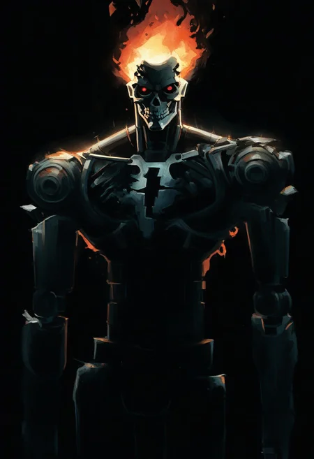 watercolor painting, solo, red eyes, science fiction, robot, 1boy, black background, glowing, looking at viewer, humanoid robot, cyborg, metal skull, burning flesh, burning clothes, glowing eyes, male focus, cyberpunk, hydraulics, dark blue storm, burning background, bright lightning, backlit, orange rimlight, rain, wet, straight-on, Terminator style