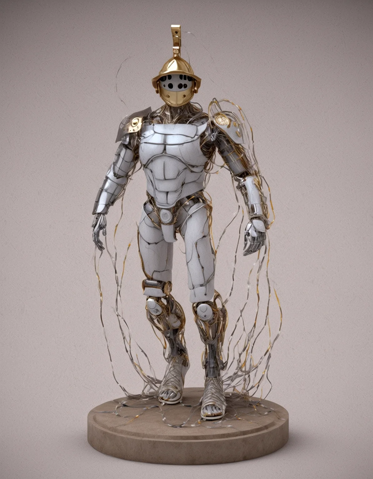 he gladiator,helmet, liquid illumination, transparent porcelain, robot, synthetic, hyperrealistic,anatomical,cable electric wires,microchip,elegant,beautiful, (cracked:0.45),gladiator_style,exterm detailed, detailed background, ,
