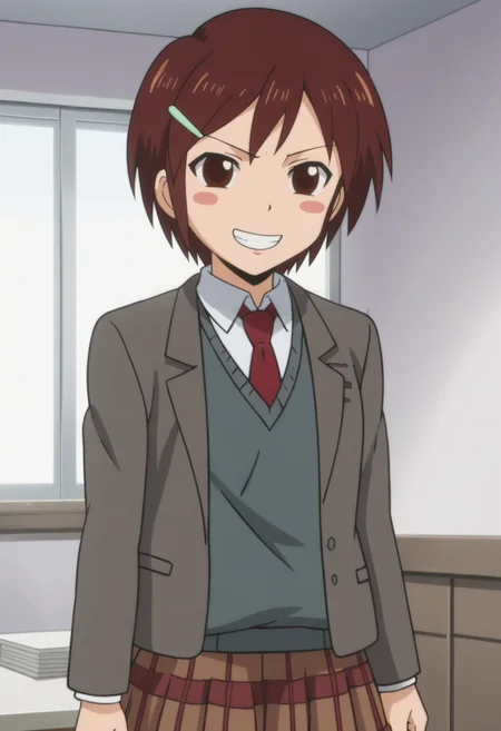 source_anime,anime screencap, anime coloring,intricate details,rating_explicit, masterpiece, best quality,
(best quality, absurd res, ultra detailed),,(4 finger:0.5),1girl, ((solo)), good eyes,perfect eyes,,detailed eyes, zPDXLxxx , zPDXL3,detailed, detailed face
BREAK
solo,indoors,standing,front view, full body,
ringo, 1girl, brown eyes, brown hair, short hair, blush stickers, hairclip, school uniform,
sweater vest, jacket, open jacket, necktie, skirt,,
grin,
, <lora:add-detail-xl:2>  <lora:Ringo:0.8>