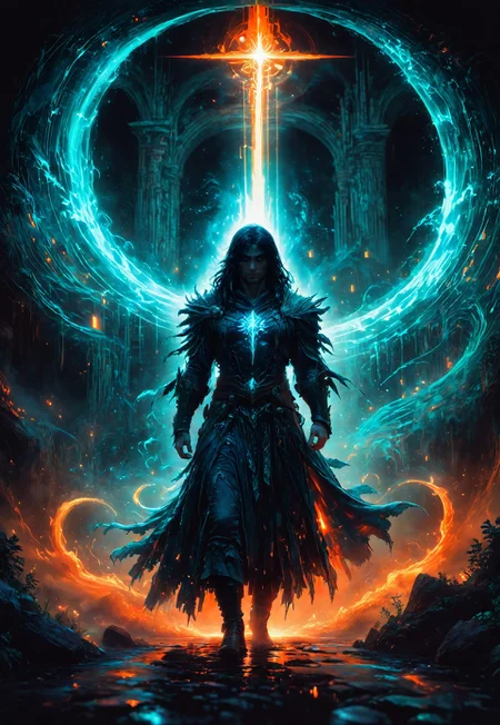 A fierce, ethereal warrior with long, flowing dark blue hair and a voluminous cloak stands in a misty, luminous labyrinth.  chiaroscuro, midjourneyv6.1, low-key, Neon Graffiti, Pixel Art, Luminescence, RGB Lighting, Low Angle, Orange Color, Teal Color, Prism Effect, Ceramic, Supernatural, By Garald Brom