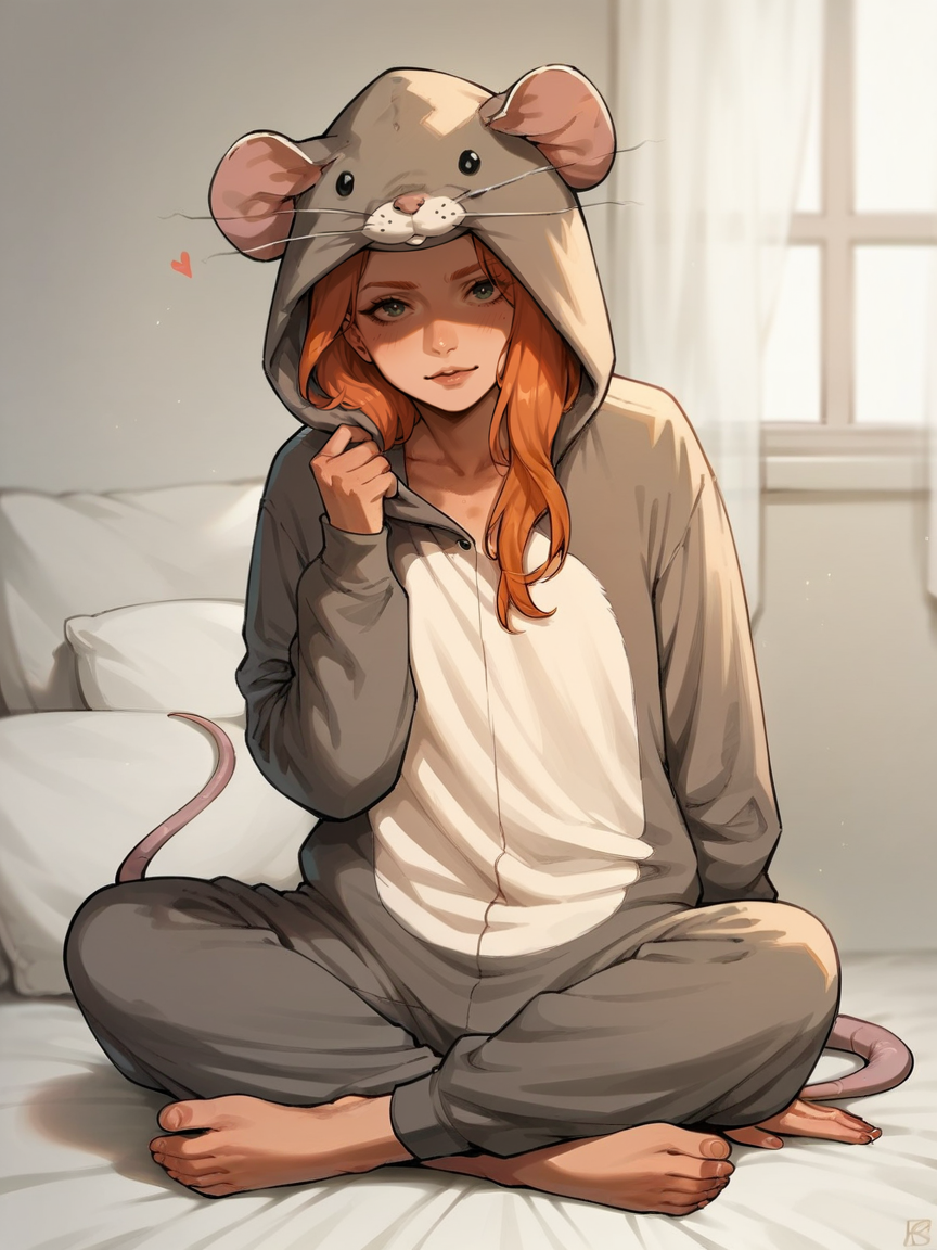 score_9, score_8_up, score_7_up, score_6_up, score_5_up,  <lora:ratonsieXLP3:1> rat onsie, barefoot, animal costume, tail, 1girl, ginger hair, sitting, heart, bedroom