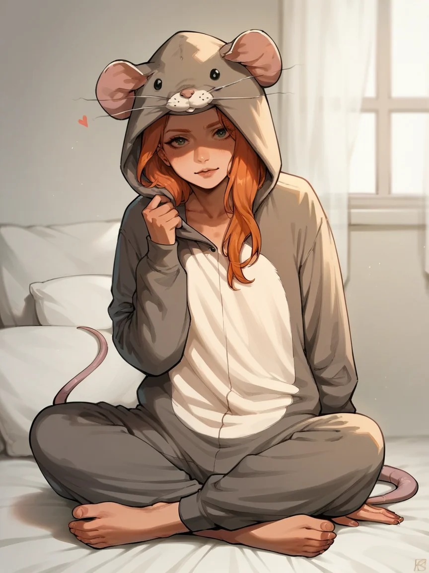 score_9, score_8_up, score_7_up, score_6_up, score_5_up, <lora:ratonsieXLP3:1> rat onsie, barefoot, animal costume, tail, 1girl, ginger hair, sitting, heart, bedroom