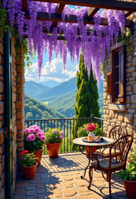 A secluded stone terrace nestled in the hills, where cascades of lavender wisteria dangle from an aged wooden pergola, swaying gently in the warm golden breeze. The terrace in the foreground has rustic stone tiles, a wrought iron railing, and a terracotta pot overflowing with vibrant pink roses. Dappled light dances on the floor, and a weathered bistro table holds a silver tray with tea, figs, and old love letters.