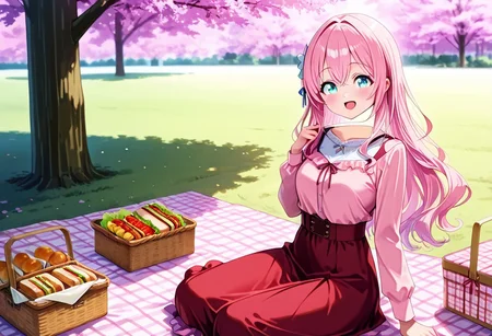 masterpiece, ultra-detailed, best quality, 8K, illustration, absolutely eye-catching,
1girl, solo,
An illustration of a cute 18-year-old girl with long light pink wavy hair and cyan eyes. She is sitting on a picnic blanket under a cherry tree and viewing the cherry blossom. Her head is detached from her body. She put her detached head on the blanket, where there is also a basket full of delicious foods. She has an excited mood with a smile on her face. She is wearing a casual outfit, including an nice one-piece dress with a high-waist long frilled skirt. It is spring and makes one feel warm and cozy.,
disembodied_head_smooth_shoulder, shoulderline covered,
BREAK
cyan eyes, lightpink hair, long hair, one-piece dress, long skirt, high-waist skirt, tiered skirt, outdoors, sitting, picnic blanket, food, sandwich, picnic basket, joyful, detailed