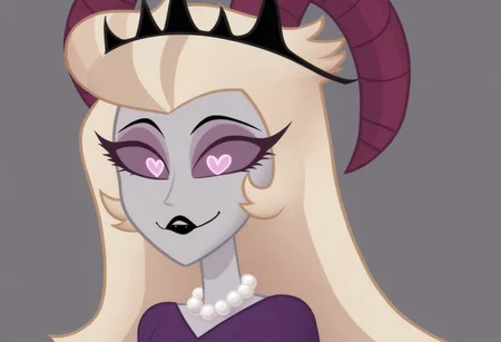 lilith, purple eyes, half-closed eyes, black lips, blonde hair, pearl necklace, demon horns, grey/gray skin, grey sclera, black crown, evil eyes, purple dress, heart floating, heart-shaped pupils, aroused, heart eyes, cupid arrow, Valentine's day themed, 1girl, solo