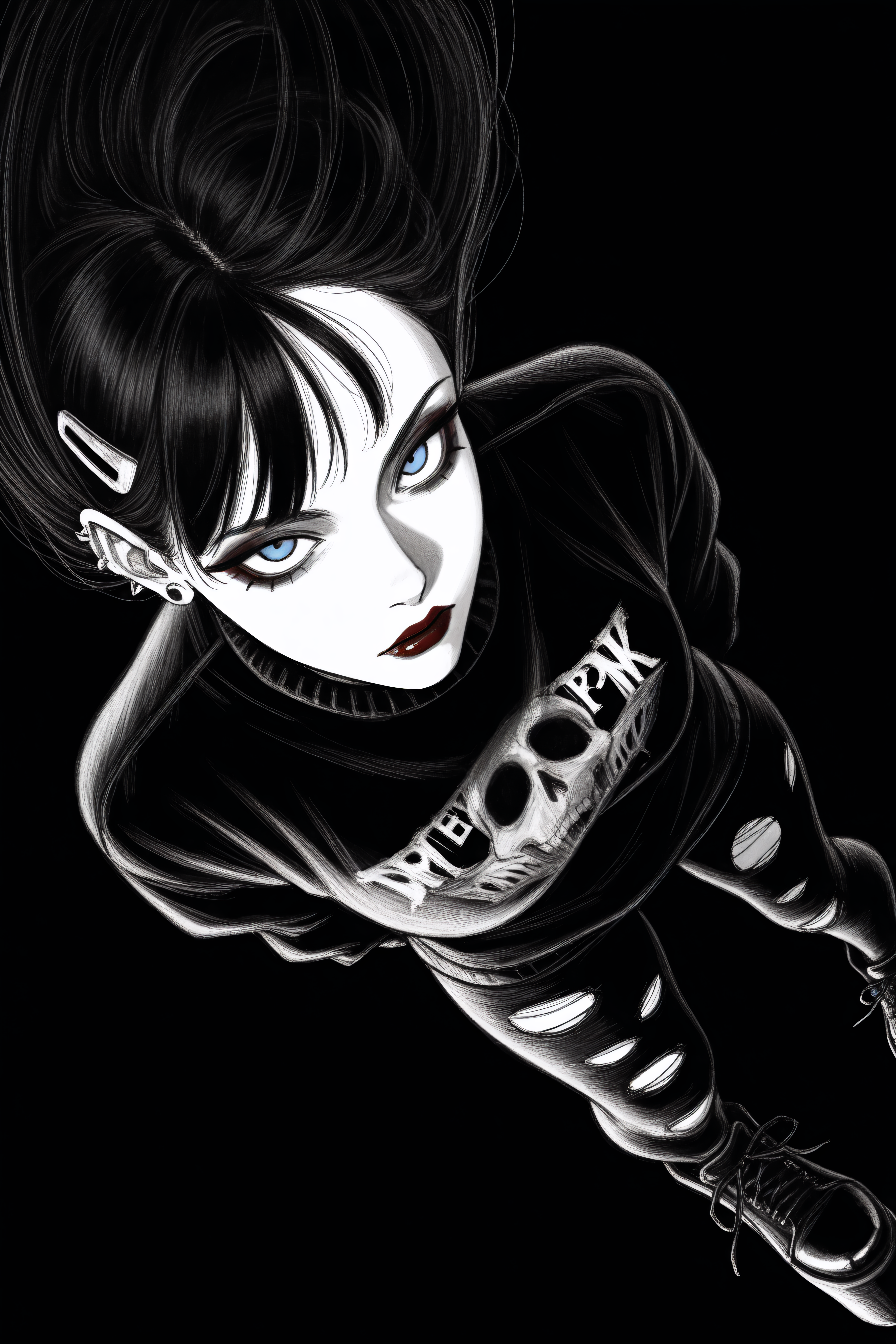 (masterpiece,best quality),<lora:tp1p1ptStyle-Illustrious-lora-Faxtron:0.7> tp_p_pt, monochrome, greyscale, highres, high contrast, dynamic composition, dynamic angle, 1 woman, emo wearing a dark purple oversized sweater with punk accents, ripped leggings with grunge look, platform shoes, dark red lipstick, smoky eyeshadow, heavy eyeliner, emo hair clips,labret piercings, dynamic pose, long hair, black hair, blue eyes, red lips, eyeshadow, makeup,