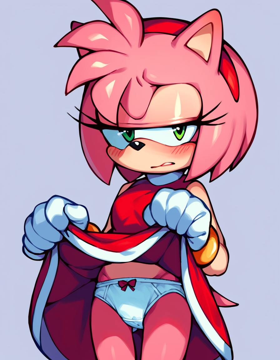 score_9, score_8_up, 1girl, solo, amy_rose, green eyes, looking at viewer, half-closed eyes, blush, embarrassed, red dress, white gloves, dress lift, lifted by self, white cotton panties, flat background, simple background <lora:AmySDXL:1>