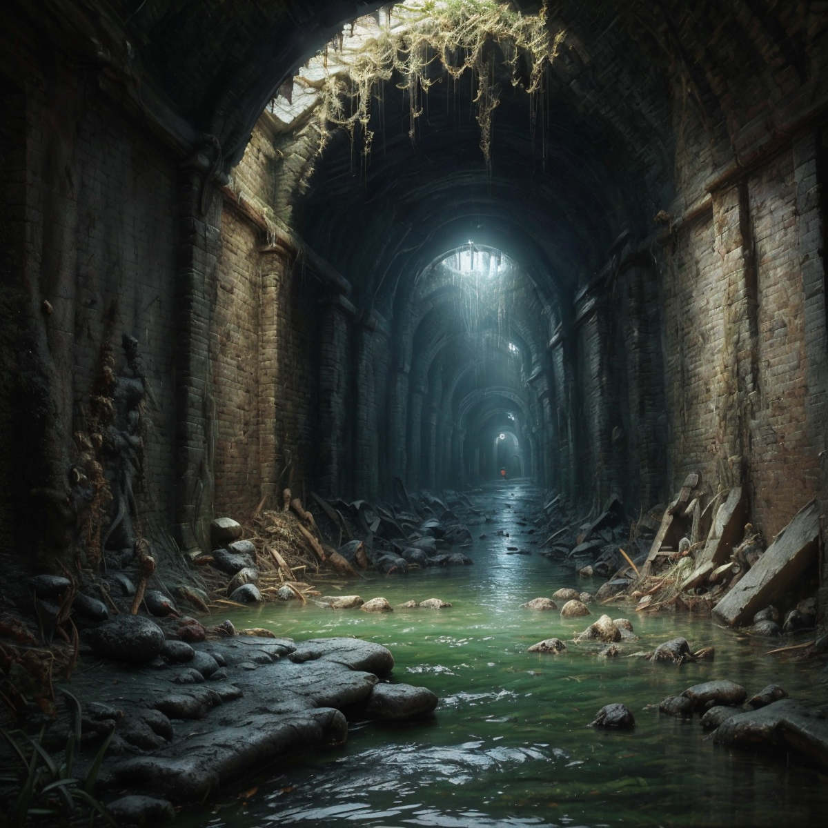 RAW photo, (masterpiece:1.3), subsurface scattering, heavy shadow, (high quality:1.4), (intricate, high detail:1.2), professional photography, HDR, High Dynamic Range, realistic, ultra realistic, photorealistic, high resolution, film photography, ambient lighting, atmospheric effects, <lora:detail_slider_v4:2.5>, OverallDetail,  <lora:Sewers:1>, arch, bug, no humans, ruins, scenery, sewers, water