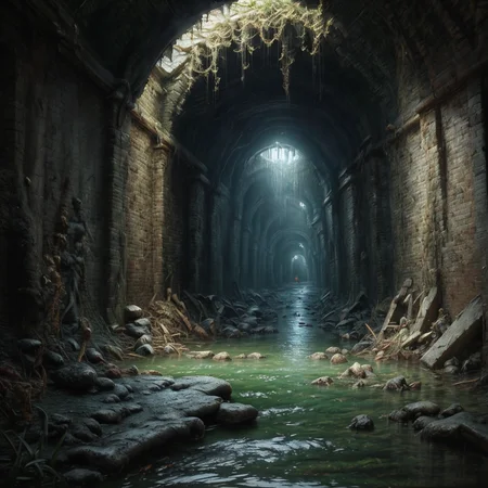 RAW photo, (masterpiece:1.3), subsurface scattering, heavy shadow, (high quality:1.4), (intricate, high detail:1.2), professional photography, HDR, High Dynamic Range, realistic, ultra realistic, photorealistic, high resolution, film photography, ambient lighting, atmospheric effects, <lora:detail_slider_v4:2.5>, OverallDetail, <lora:Sewers:1>, arch, bug, no humans, ruins, scenery, sewers, water