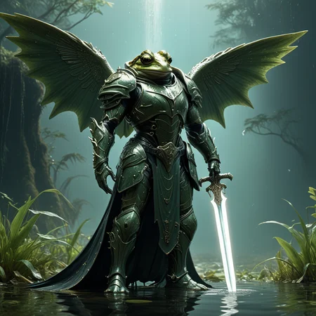 meme art, full-body, Frogman, standing, swamp, Wings, plate armor, holding a sword,intricate, dramatic lighting, HKStyle, <lora:FantasyKnightsHKStyle:0.7>