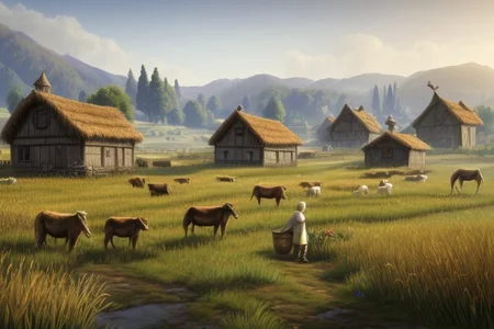 medieval, <lora:Medieval_Headwear:0.5> mehe, villager with a linen hood, wearing a linen shirt and trousers, carrying a bucket, weary and tired, showing signs of a long day's work and a weathered face,
<lora:FantasyFarm:0.6> fantfa, quiet medieval village outskirts with fields of crops and grazing animals,
morning, windy, dynamic light, HD, very detailed, <lora:more_details:1>