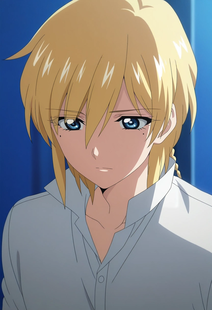 masterpiece, best quality, , anime screencap, anime coloring, official style,, 1boy, solo, male focus, <lora:titus_alexius_ilxl:0.9>, titus_alexius, blonde hair, blue eyes, short hair, braid, mole, mole under eye, , , , oxford shirt,