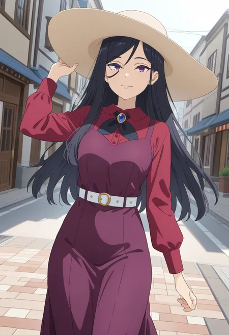 masterpiece,best quality,absurdres,perfect lighting,outdoors,street,day,
*//*,<lora:HealerGirl_RiaKarasuma-Illustrious:1>,ria_karasuma,1girl,solo,black hair,long hair,purple eyes,red shirt, long sleeves, purple dress,long dress, sleeveless dress, brooch, white belt, sun hat,
*//*,looking at viewer,cowboy shot,dutch angle,dynamic pose,light smile,
