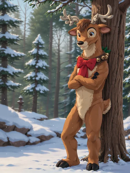 Cel Shaded Art, cinematic film still <lora:J_cartoon:0.7> j_cartoon, <lora:DsnyReindeer:0.8>, DsnyRndr, source_furry, ((anthro)), solo, fluffy, detailed fur, male, reindeer, brown fur, harness, brown eyes, red bow, bells, antlers, hooves, (((looking at viewer:1.3))) ((standing)), (((leaning back against tree))), (((arms crossed))), (((snowy forest))), detailed background, . shallow depth of field, vignette, highly detailed, high budget, bokeh, cinemascope, moody, epic, gorgeous, film grain, grainy, 2D, flat color, toon shading, cel shaded style